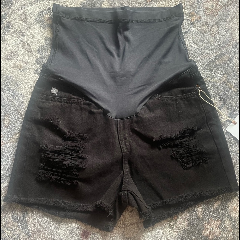 Black distressed Petite Maternity denim shorts